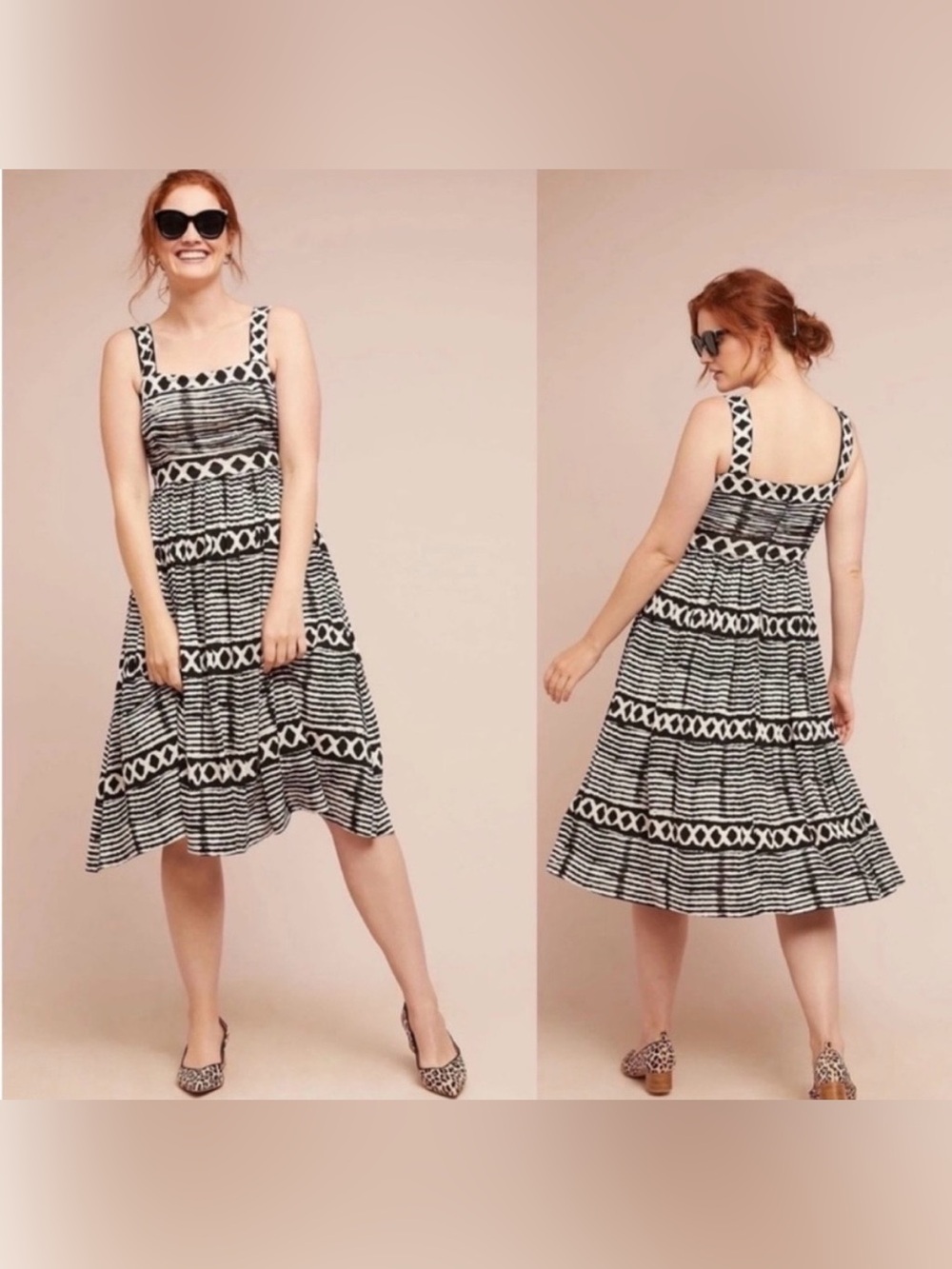 Tracy Reese Plenty Black Cream Colored Geometric Ruffle Dress L